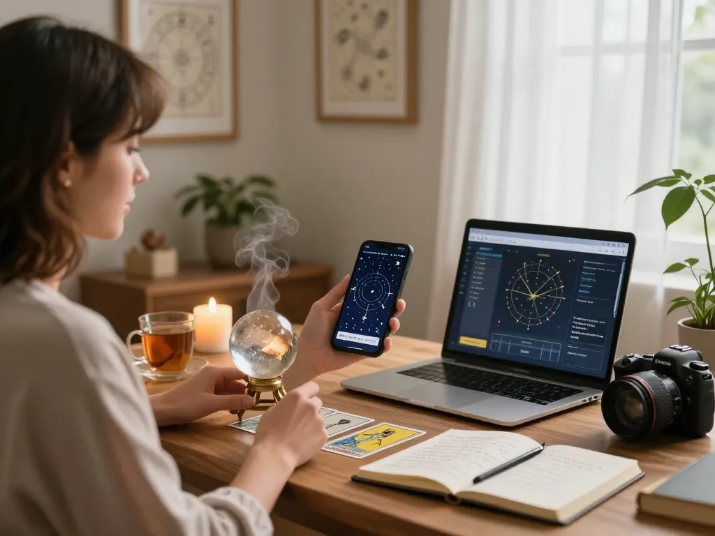 タロットカードと水晶玉のある静かなホームオフィスで、電話占い当たるの洞察を強調した魅力的な電話占いセッション。