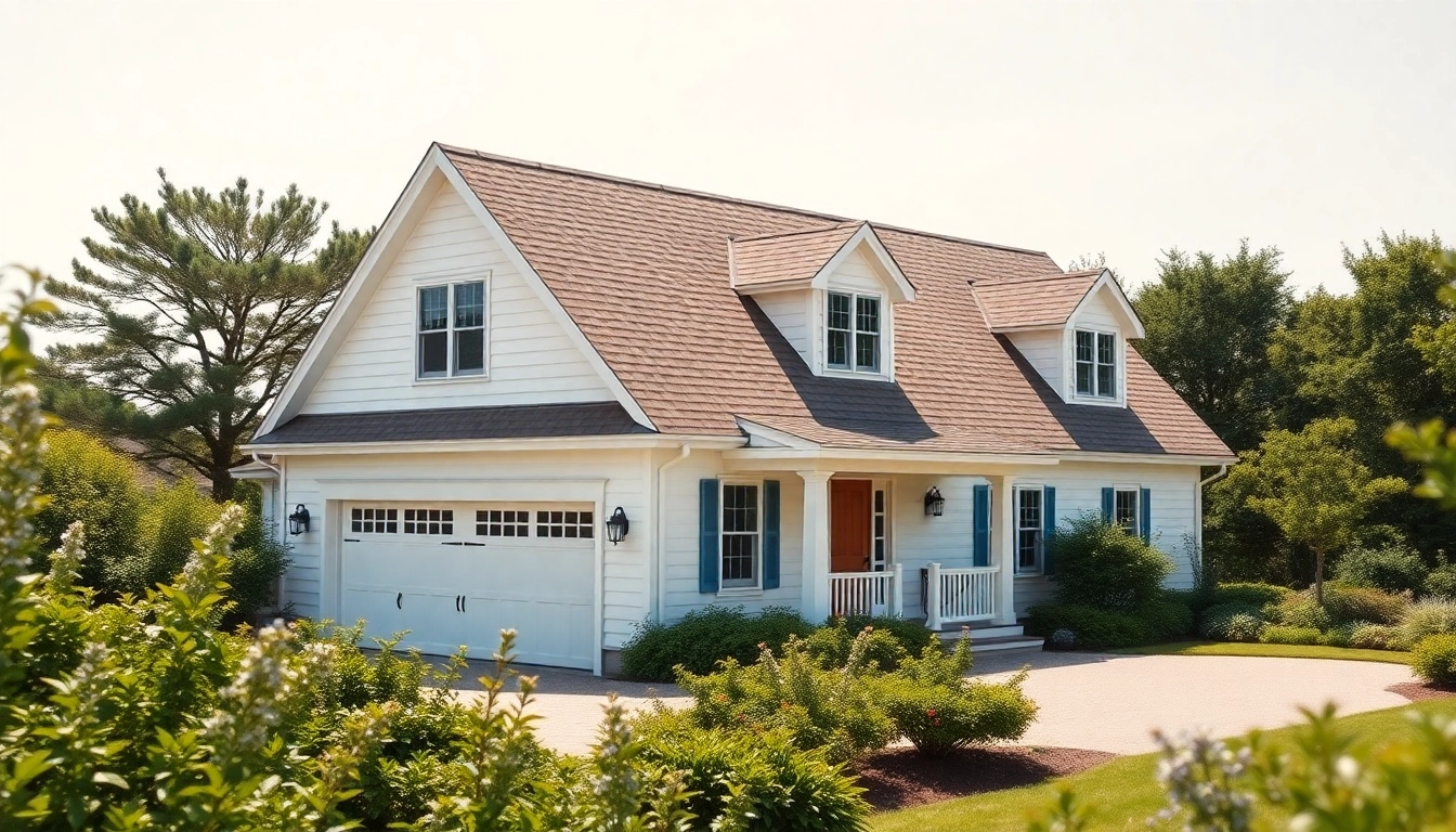 Cape cod homes featuring elegant architecture and attached garage amidst lush greenery.