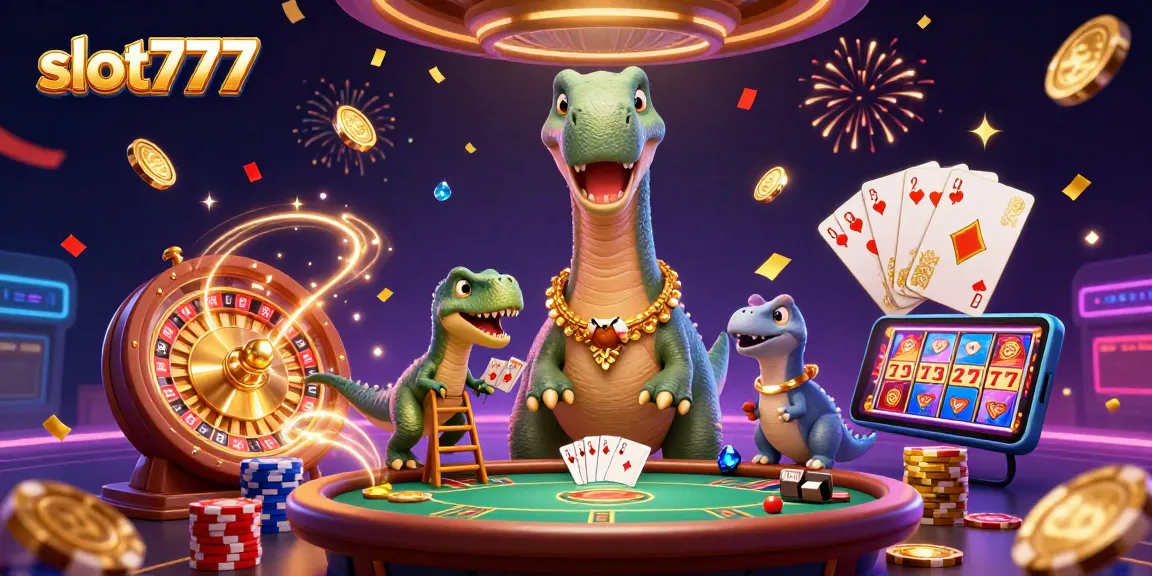 Rasakan keseruan slot777 dengan ilustrasi kasino 3D kartun yang menampilkan karakter brontosaurus dan raptor.