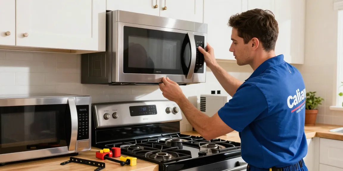 Microwave installation in a bright kitchen, highlighting professional expertise.