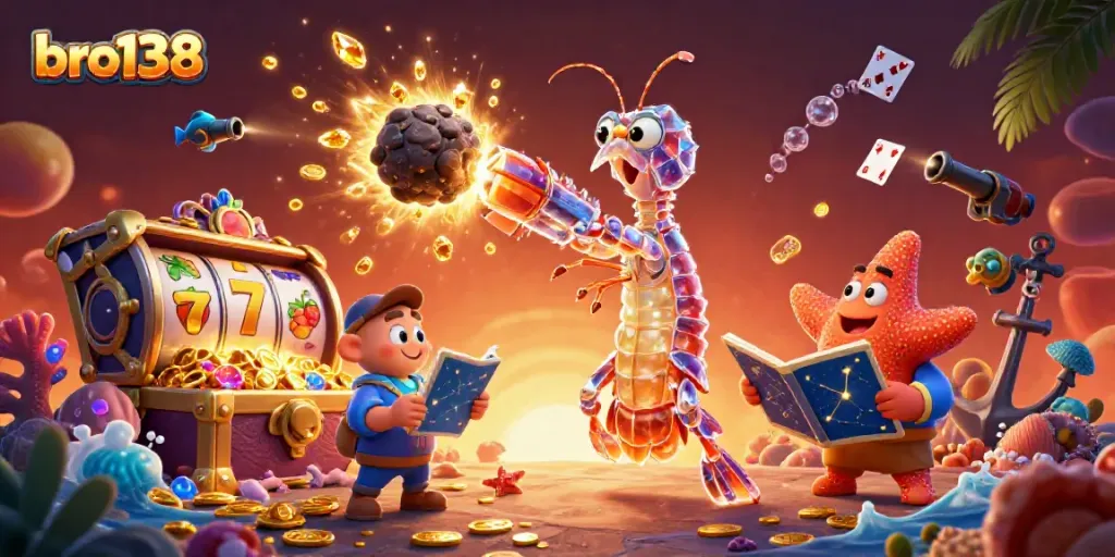 Engage with exciting bro138 slot adventures as the mantis shrimp claims victory amidst gems and coins.