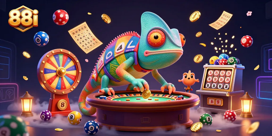 Experience excitement at 88i with vibrant lottery balls and a chameleon casino owner.