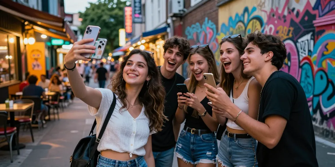 Young woman taking a selfie to discover her celebrity look alike with friends in a vibrant urban setting.