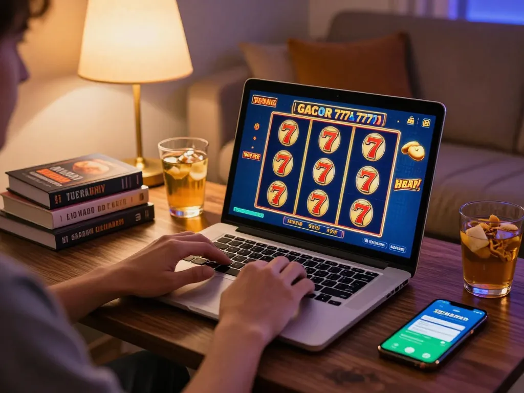 Player celebrating a win on their slot gacor 777 game displayed on a laptop in a cozy home setting.