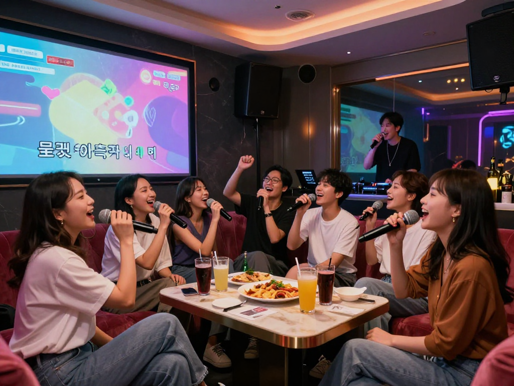 달토 가라오케에서 즐거운 노래를 부르는 친구들