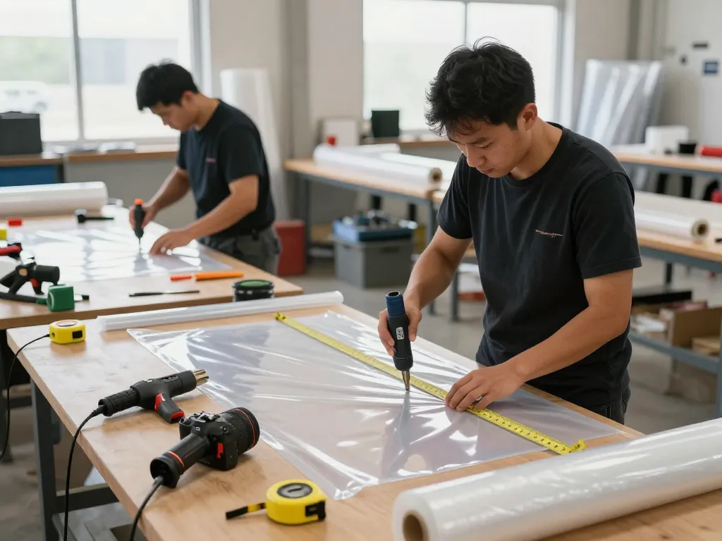 Dịch vụ bóc ép plastic in a busy workshop with technicians applying heat to plastic sheets.