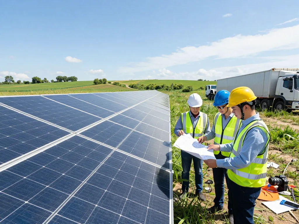Engineers collaborating on solar energy system, demonstrating global power solutions in action.