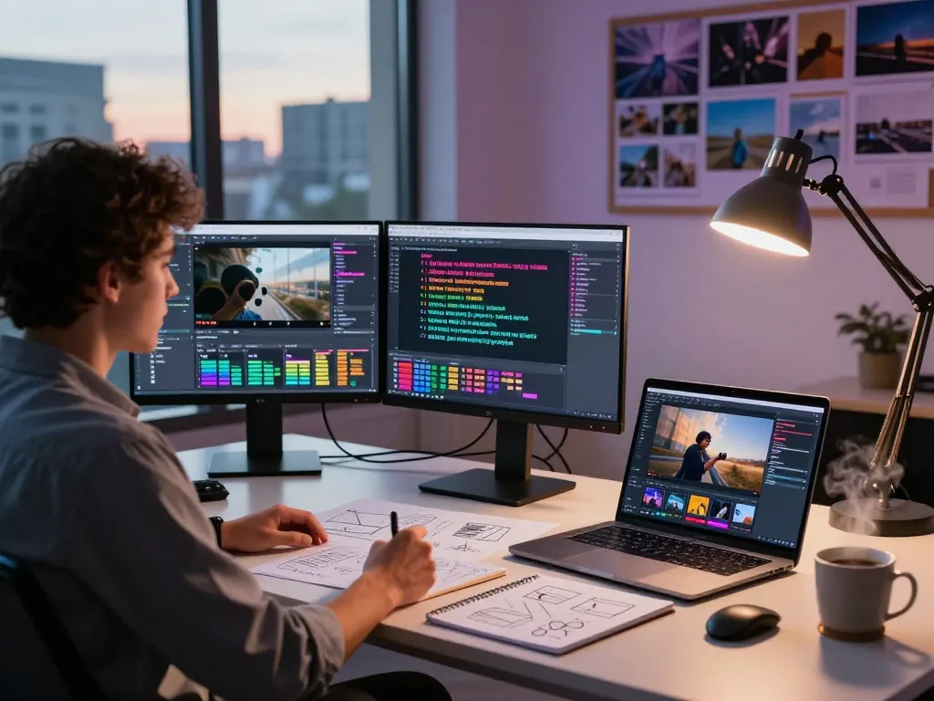 AI video to promptgenerator setup showcasing specialist generating prompts from video analysis in modern workspace.