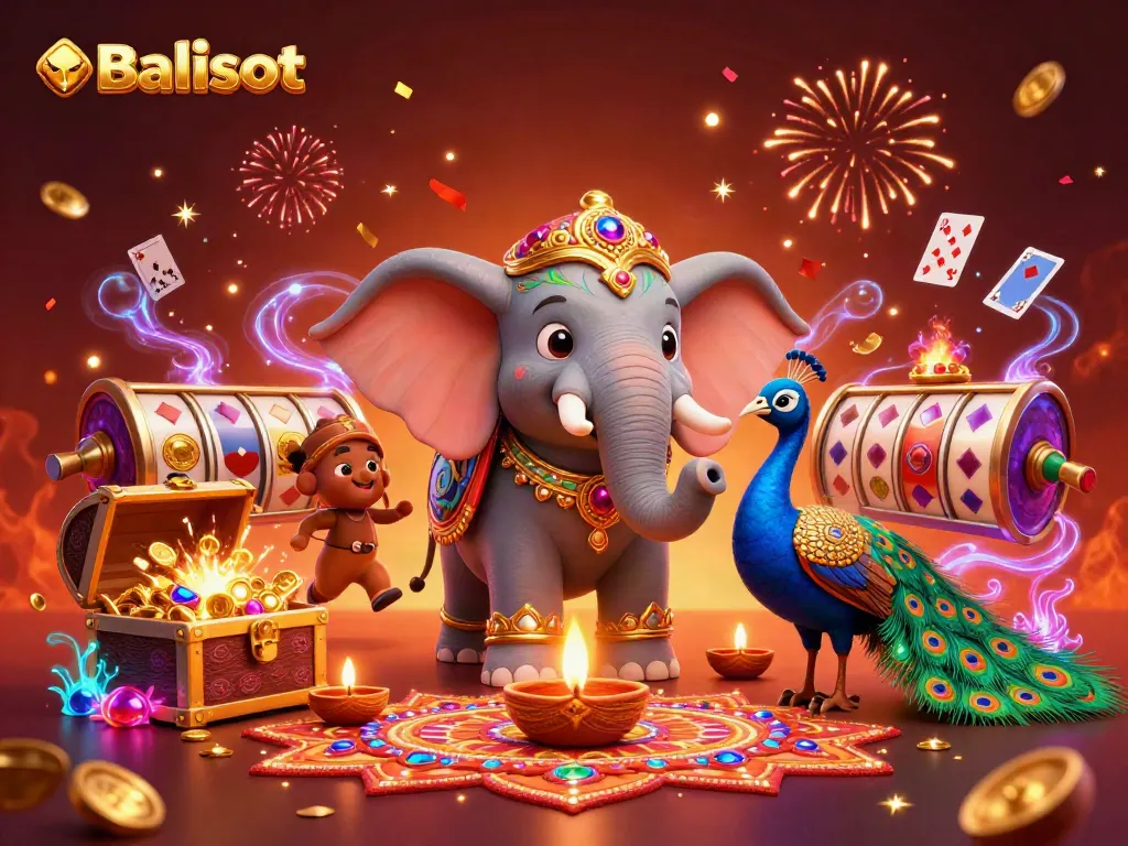 Balislot with a vibrant elephant mascot, dynamic slot reels, and celebratory fireworks.