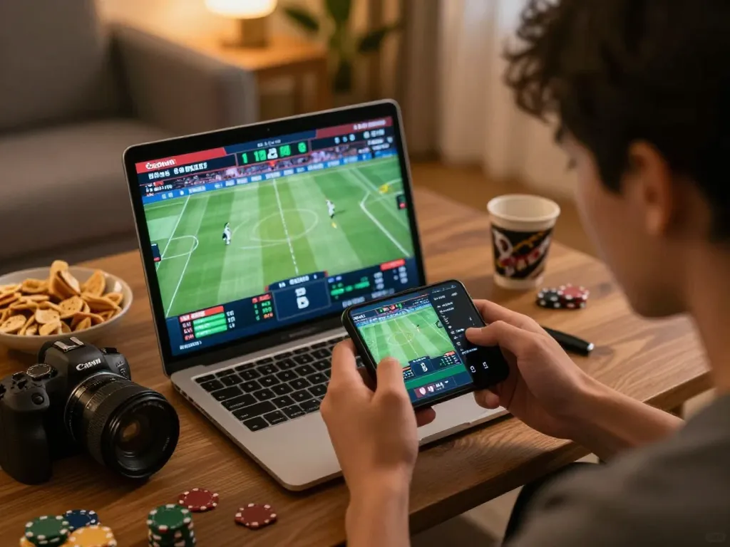 Engaging in live betting on abc8go, a person checks real-time sports odds on their mobile while enjoying snacks at home.
