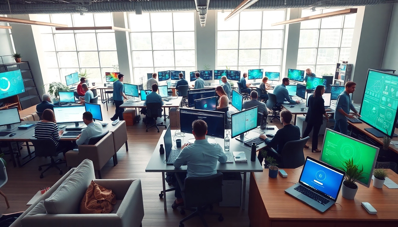 Designers collaborating in a vibrant workspace at https://bestdesignersintheworld.com/ with colorful digital displays.