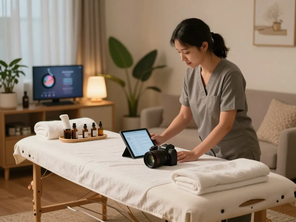출장 마사지 setup with a professional therapist ready to provide soothing services in a cozy home environment.