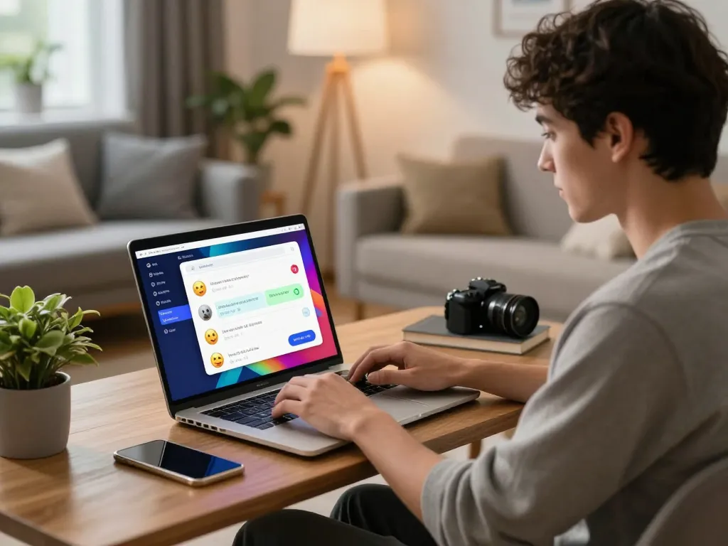 Engaging NSFW AI chat interaction in a chic home office setting, showcasing user experience.