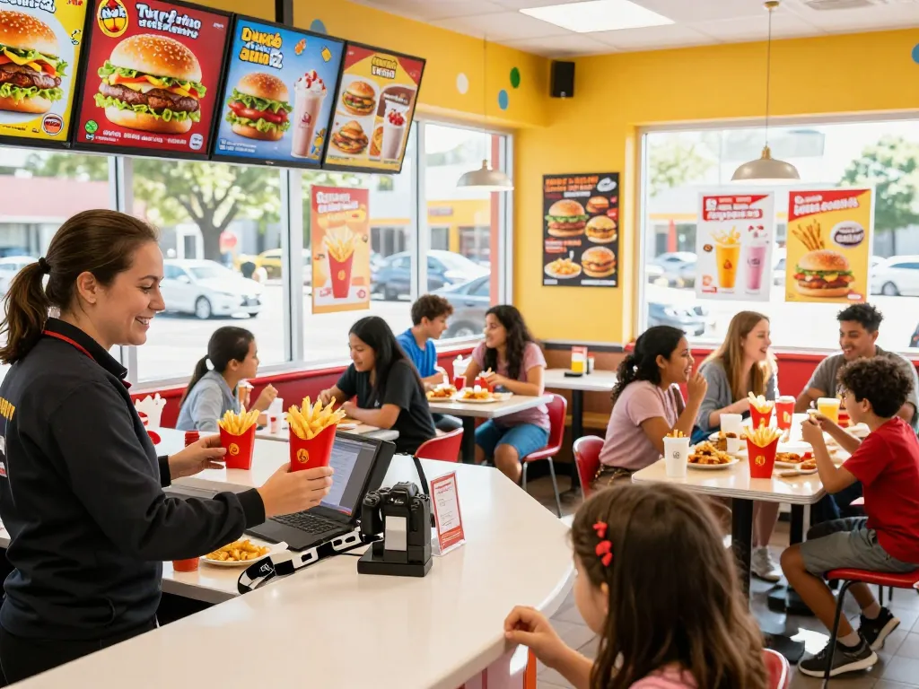 Fast food menu displayed in a vibrant restaurant atmosphere with families enjoying their meals.