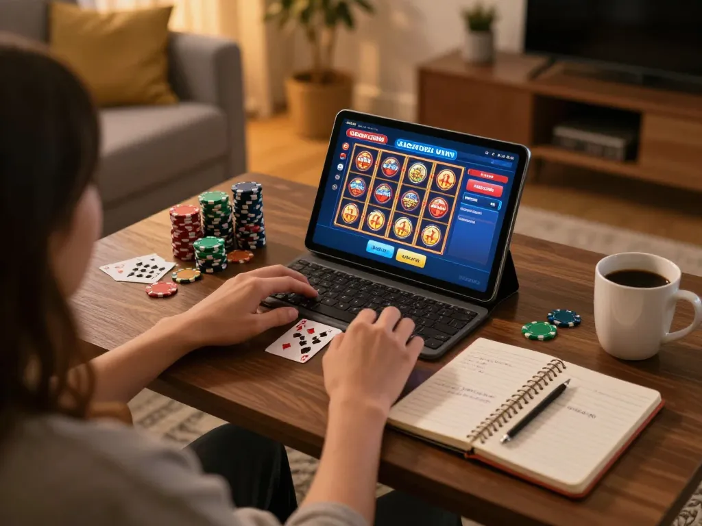 Playing slots not on gamstop on a tablet in a cozy home setup with casino elements.