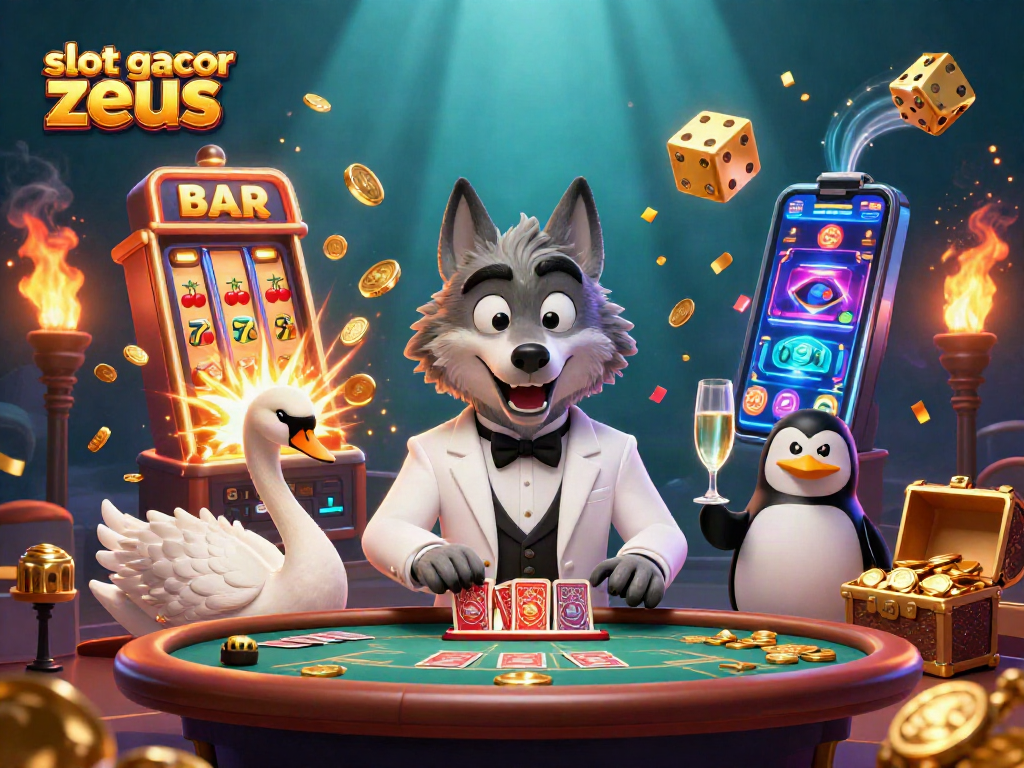 Spin to win with slot gacor zeus amidst a lively casino scene bursting with excitement.