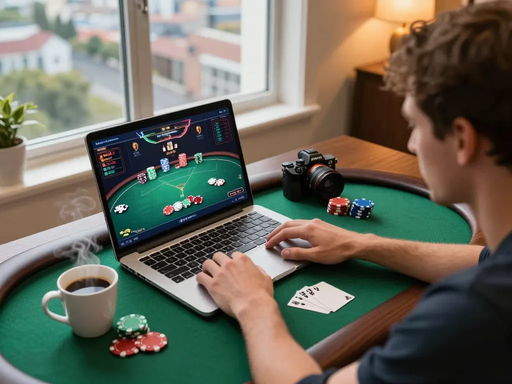 O8 player strategizes in an engaging online poker game from a cozy home setting.