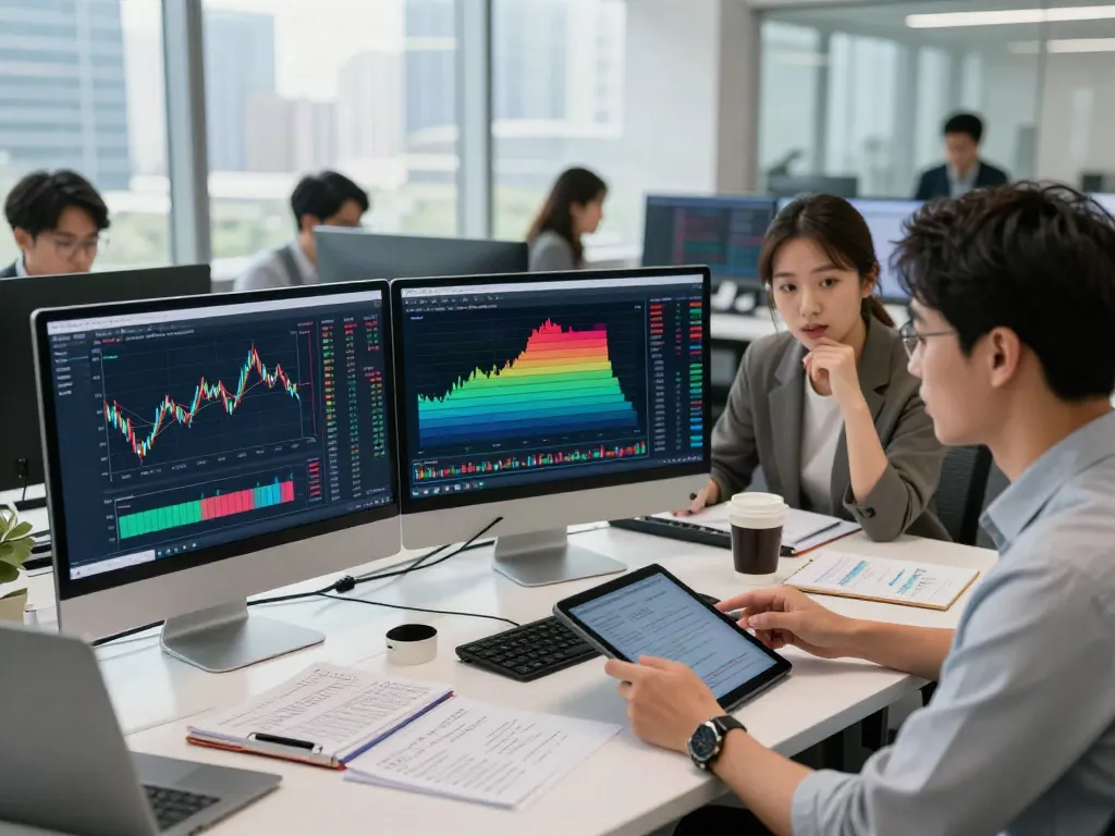 TradingView charts analyzed by a diverse team in a bright office, showcasing a collaborative trading environment.