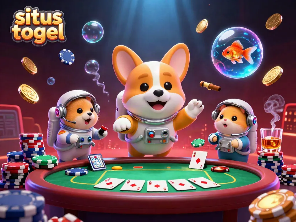 Engage in situs togel excitement with a floating astronaut corgi in a vibrant space casino scene.