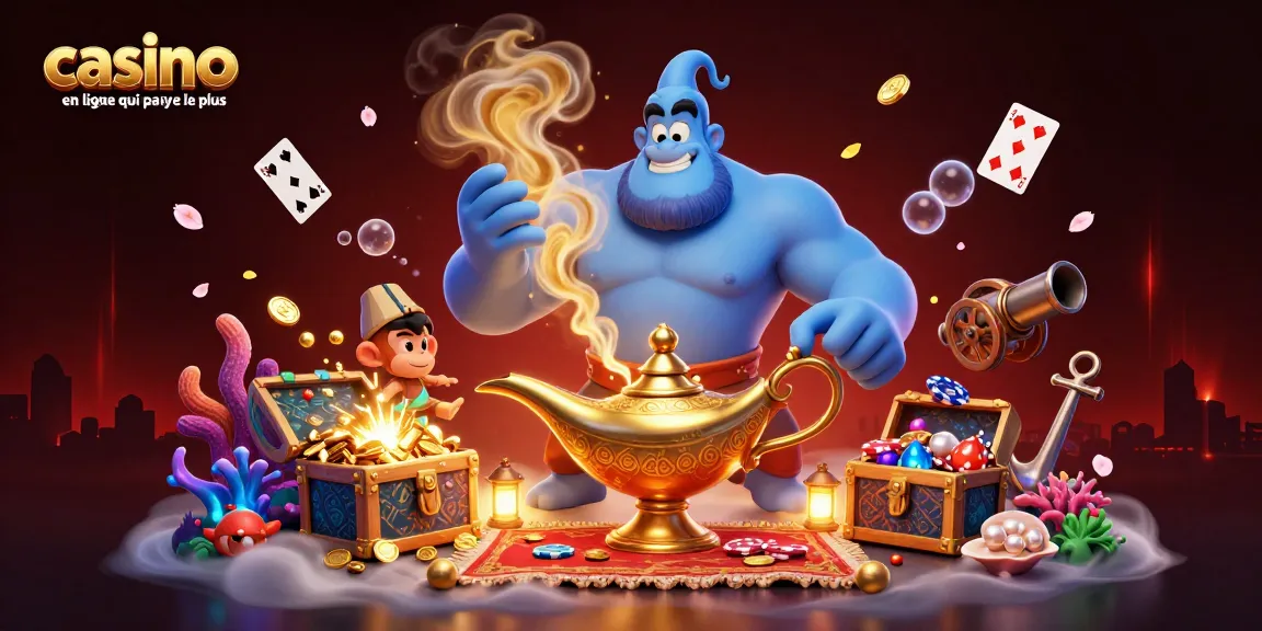 Une scène captivante de casino en ligne qui paye le plus montrant un génie et un singe, décorée d'éléments de jeu.