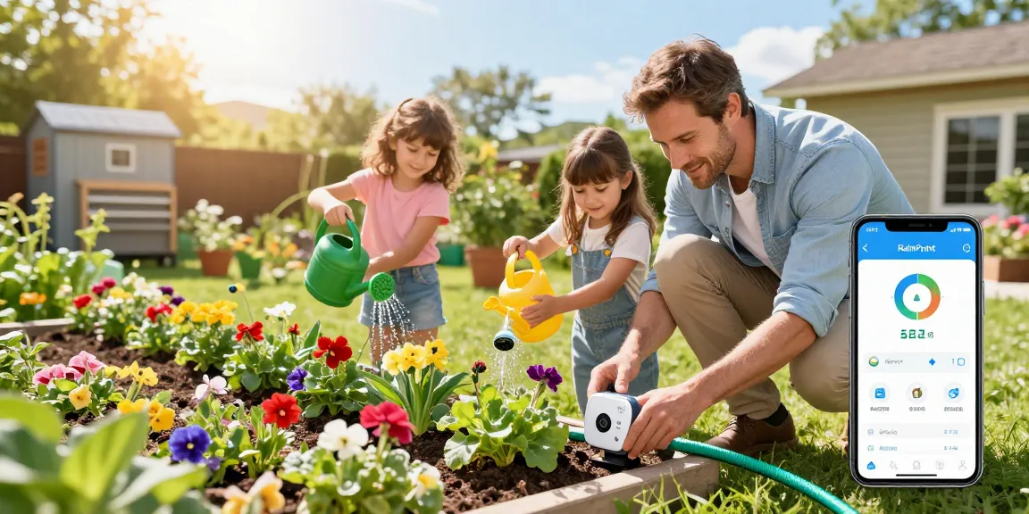Family setting up a rainpoint wifi water timer in their vibrant garden, showcasing modern irrigation.