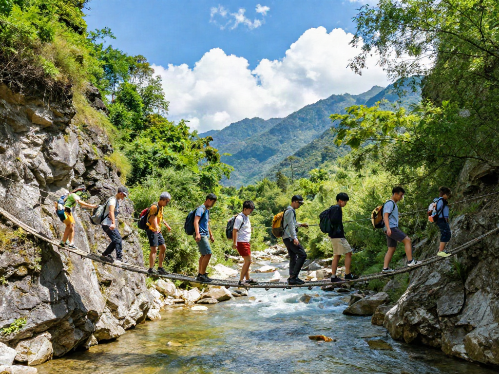 Friends crossing a River Rope Bridge amidst lush greenery, showcasing outdoor adventure.