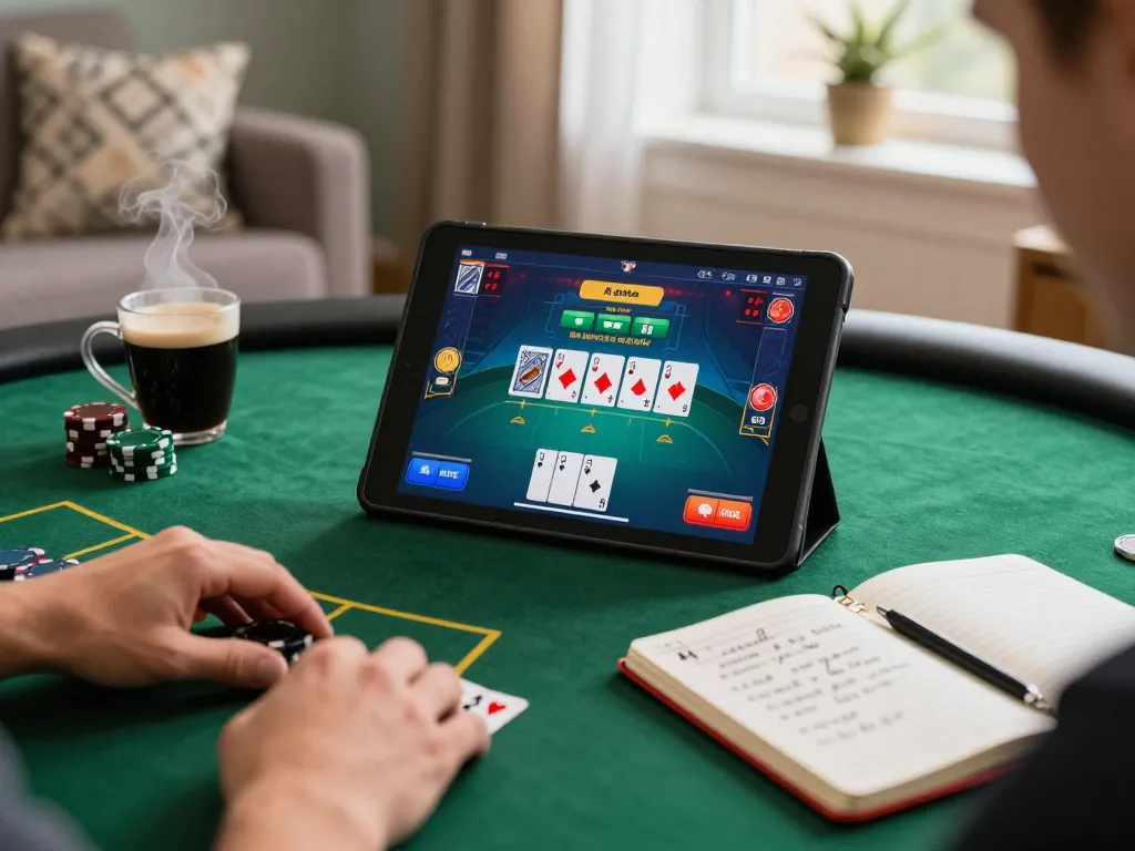Engaged player using 68gamebaivn on tablet for online poker while analyzing betting strategies.