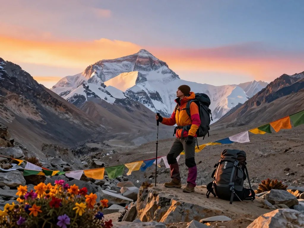 Adventurous traveler at Everest Base Camp enjoying breathtaking mountain views