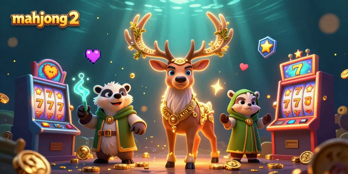 Engage with mahjong 2 slot machines featuring a druid stag and badger in a vibrant scene.