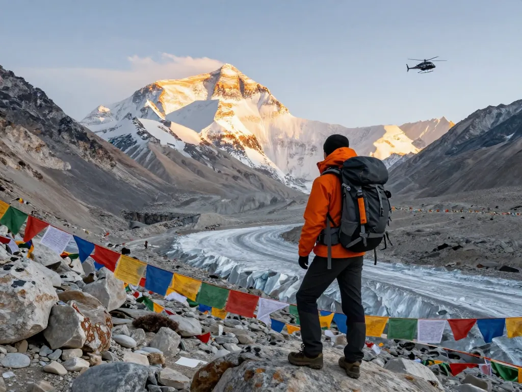 Stunning view of Everest Base Camp with a hiker enjoying the landscape, showcasing the Everest Base Camp Trek with Helicopter Return.