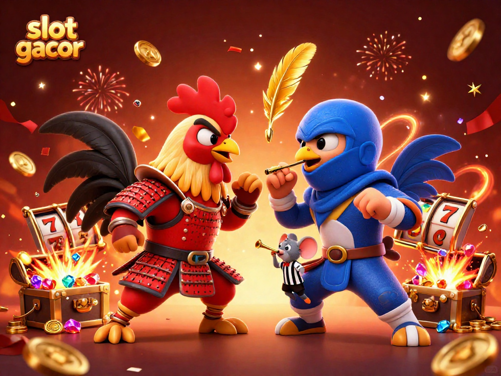 Experience thrilling action with slot gacor as 3D roosters duel, surrounded by vibrant casino gaming elements.