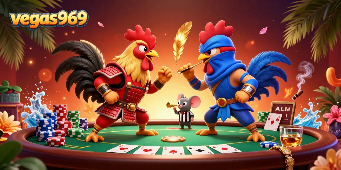 Experience action-packed gameplay with vegas969 in this epic rooster showdown at a colorful poker table.