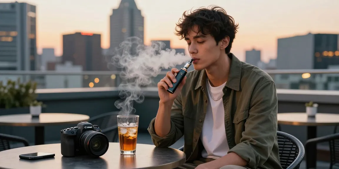 Young adult enjoying a modern electronic cigarette device in an urban setting, showcasing the lifestyle around 電子菸主機.