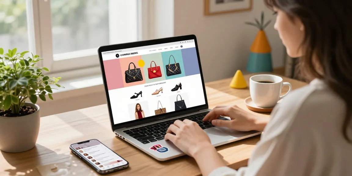 Stylish woman browsing high-quality 레플리카 fashion items on laptop in cozy workspace.