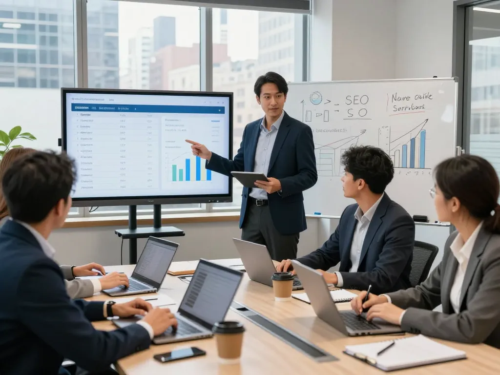 New York SEO Services team analyzing strategies in a modern office setting.