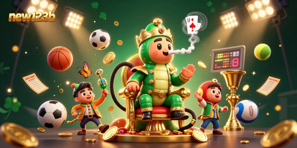 Experience the thrill of new123b with a vibrant 3D casino-themed illustration of a caterpillar hookah-master amidst dynamic gaming elements.