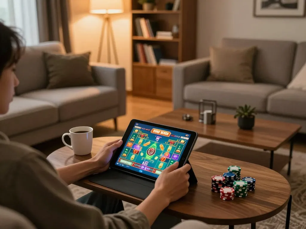 Player engaging with taixiuonline8 on tablet in cozy home setting, showcasing online gambling experience.