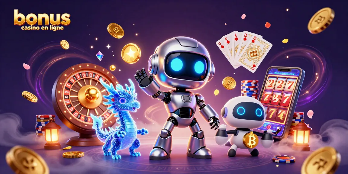 Profitez de l'expérience d'un bonus casino en ligne avec un robot futuriste et un dragon holographique.