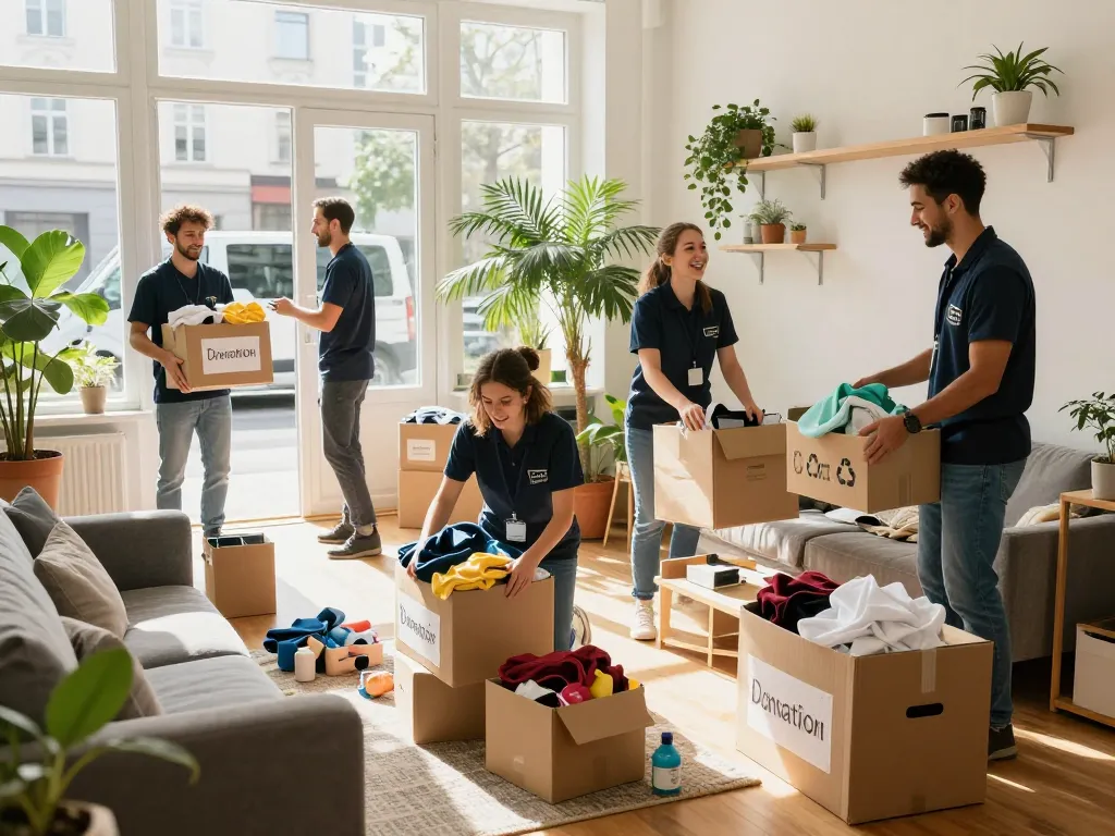 Entrümpelung Wien Team sortiert und packt effizient Gegenstände in einer hellen Stadtwohnung.