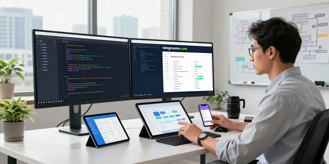 Developer at telegraimin.com workspace coding with multiple screens in a modern office.