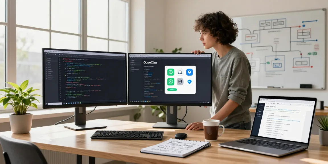 Engineer configuring clawbot personal AI assistant in a modern workspace with dual monitors and tech products.