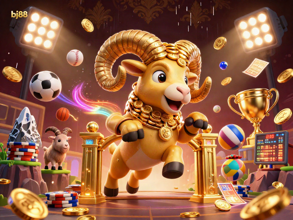 Experience exciting gameplay at bj88 with a dynamic scene featuring a golden ram, sports elements, and vibrant casino energy.