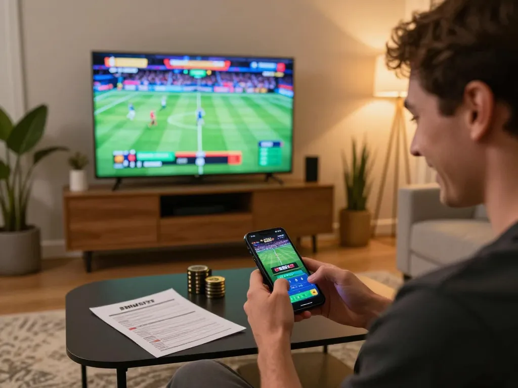 Engaging with MM88 mobile app for sports betting, showcasing excitement in a cozy home environment