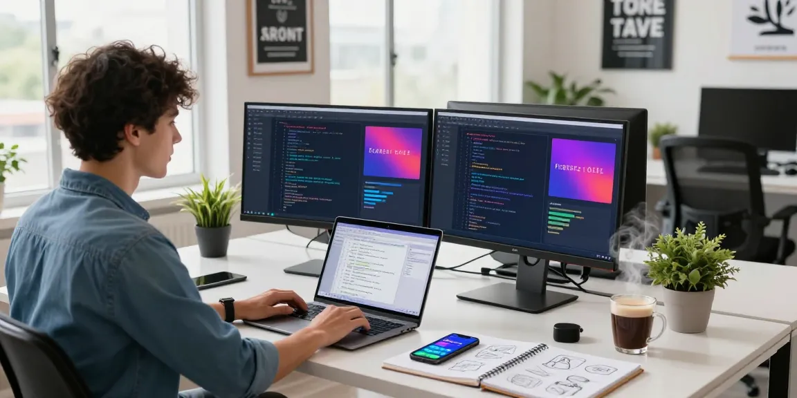 Dynamic workspace with a developer coding on dual monitors, showcasing 纸飞机中文版 technology in a modern office.
