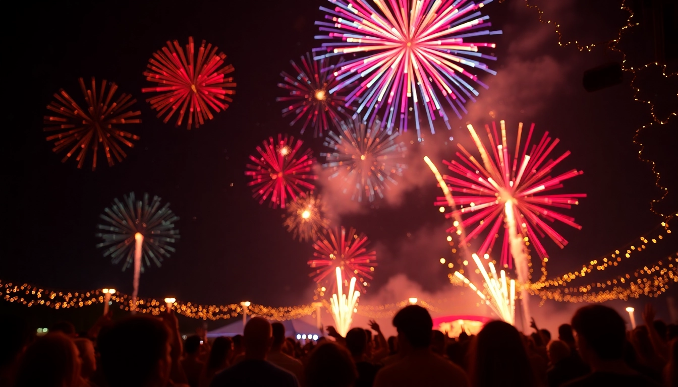 Fireworks uk illuminating the sky during a celebration with vibrant bursts and a festive crowd.