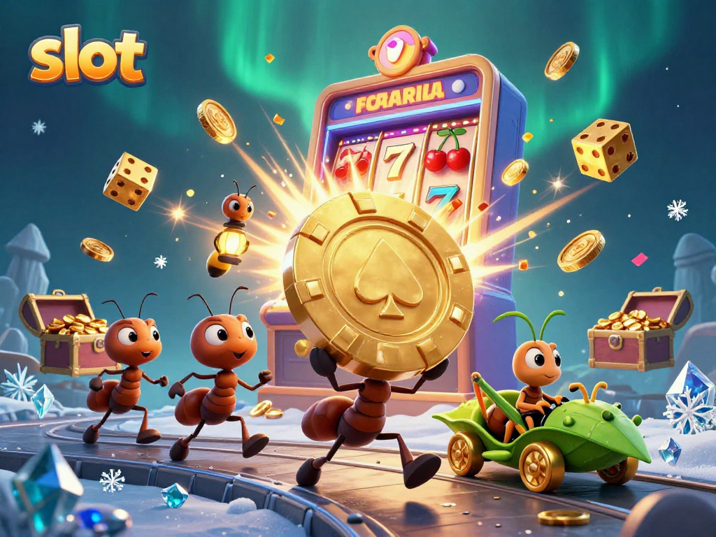 Experience thrilling slot adventures with ants and jackpots in this vibrant digital illustration.