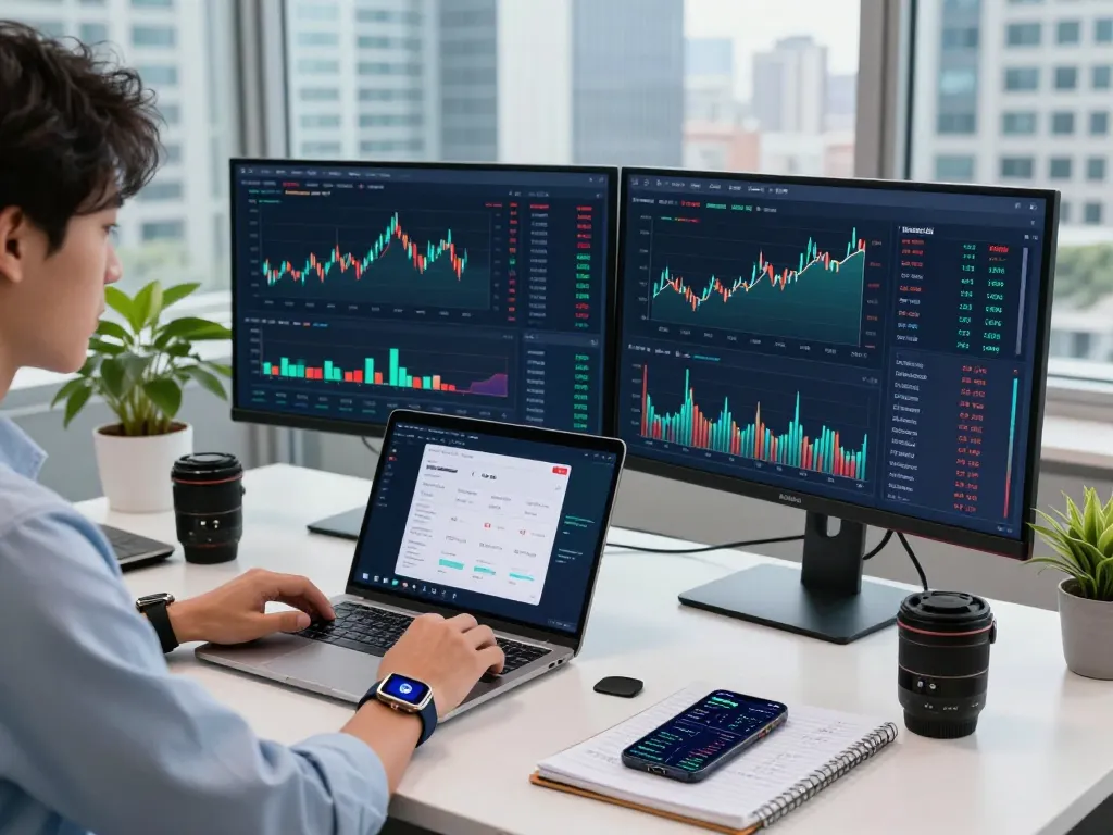 Finance professional analyzing cryptocurrency data on iodefi platform in high-tech office.