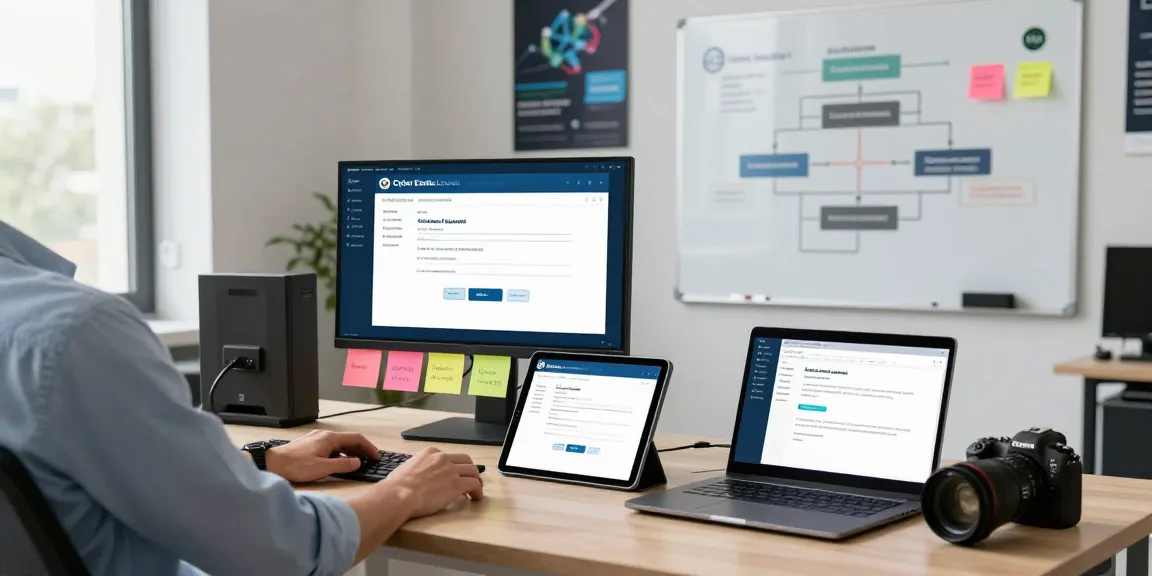 Cyber Essentials questionnaire assessment scene at a modern desk, illustrating compliance process with multiple monitors and documentation.