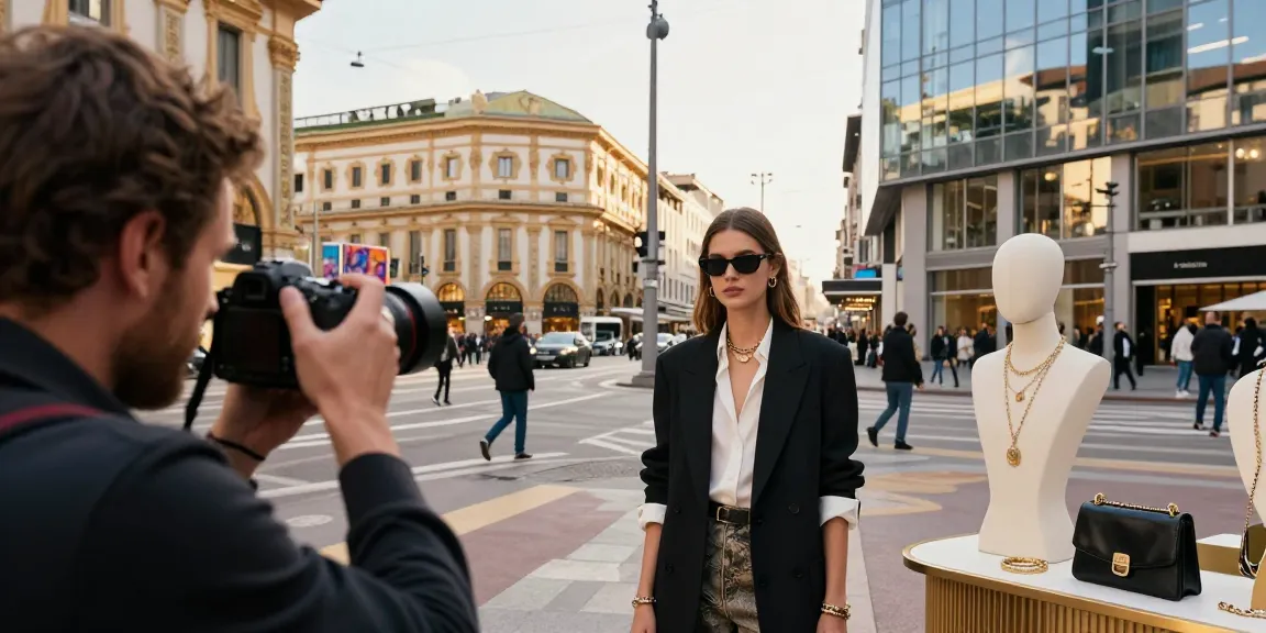 Fotografo Milano cattura un modello elegante in un'ambientazione urbana vivace di Milano, con luce soffusa pomeridiana.