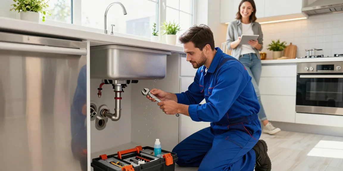 Experienced plumber in Stevenage fixing kitchen sink with tools in a cozy home setting.